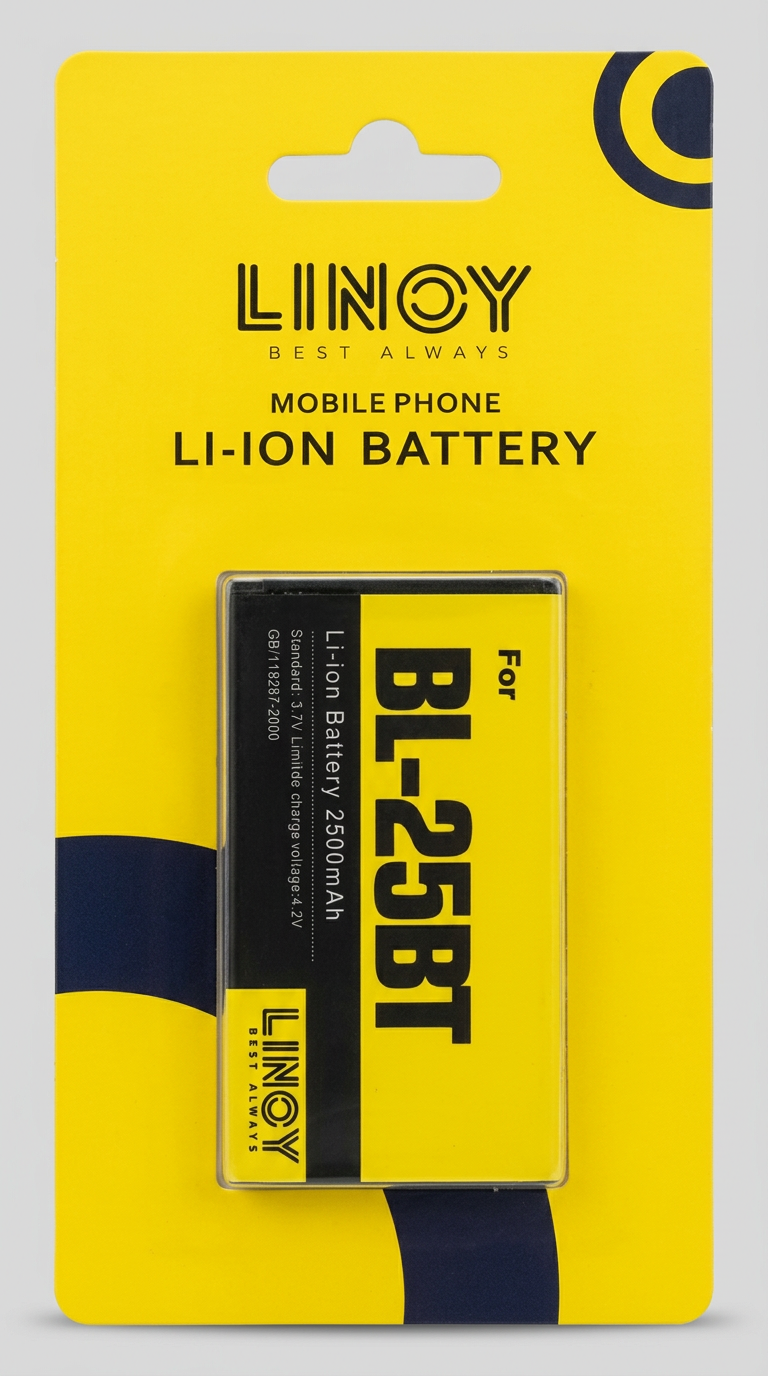 LINOY BL-25BT battery on the yellow LINOY hang-tab retail card