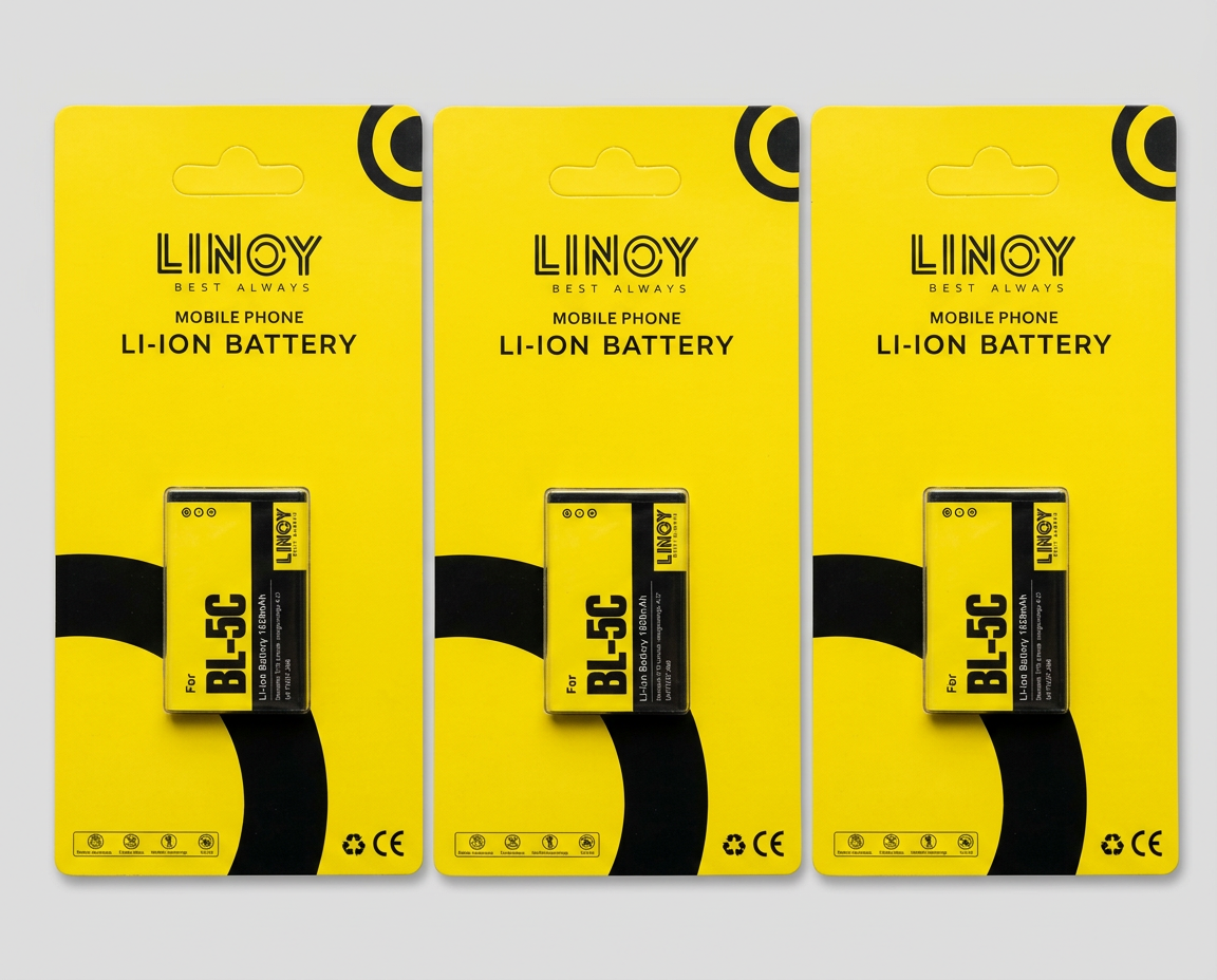 Three LINOY BL-5C lithium-ion batteries on sealed yellow LINOY retail cards