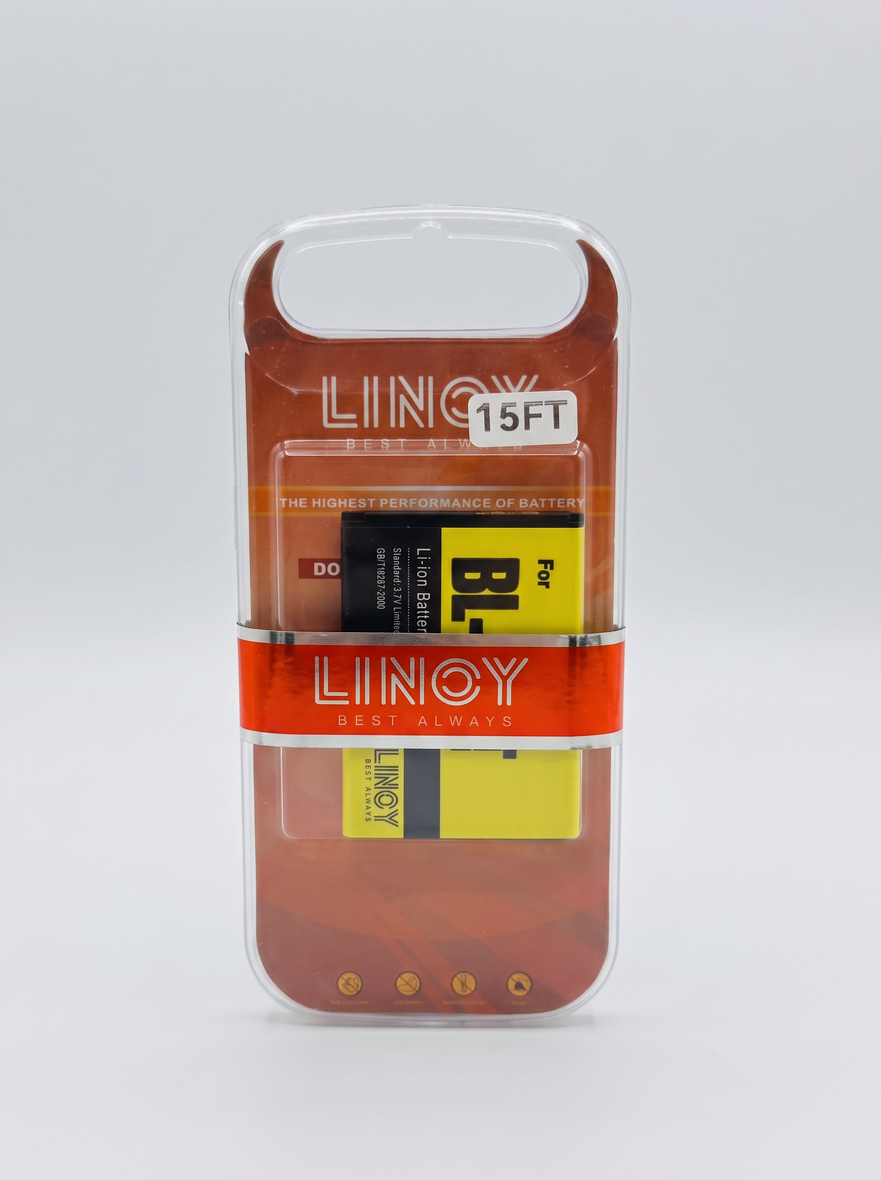 LINOY BL-15FT lithium-ion battery in sealed orange LINOY blister packaging