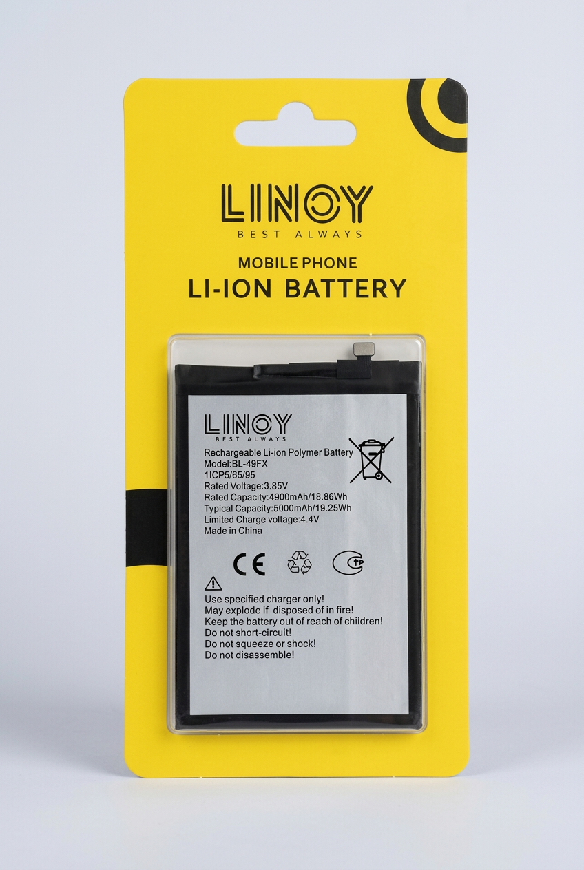 Close view of the LINOY BL-49FX battery on its retail card