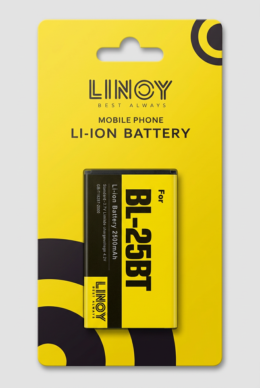 LINOY BL-25BT battery sealed on a yellow retail card