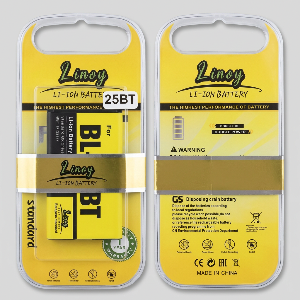 LINOY BL-25BT Gold Series battery pack, front and back of the retail blister