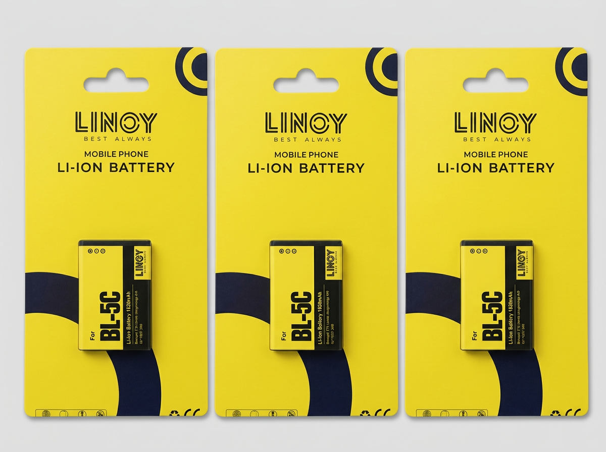 Three LINOY BL-5C retail cards photographed on a neutral studio background