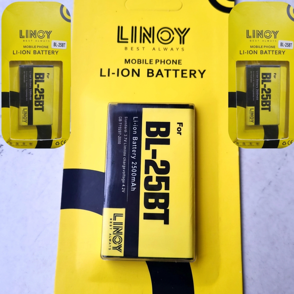 LINOY BL-25BT retail cards displayed with a loose lithium-ion battery