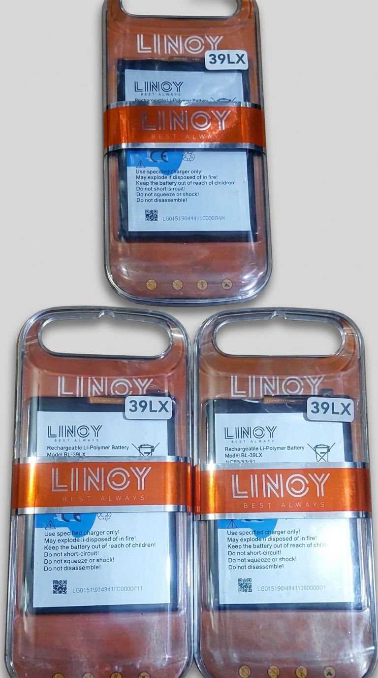 Three LINOY BL-39LX lithium-polymer batteries in sealed orange LINOY blister packs