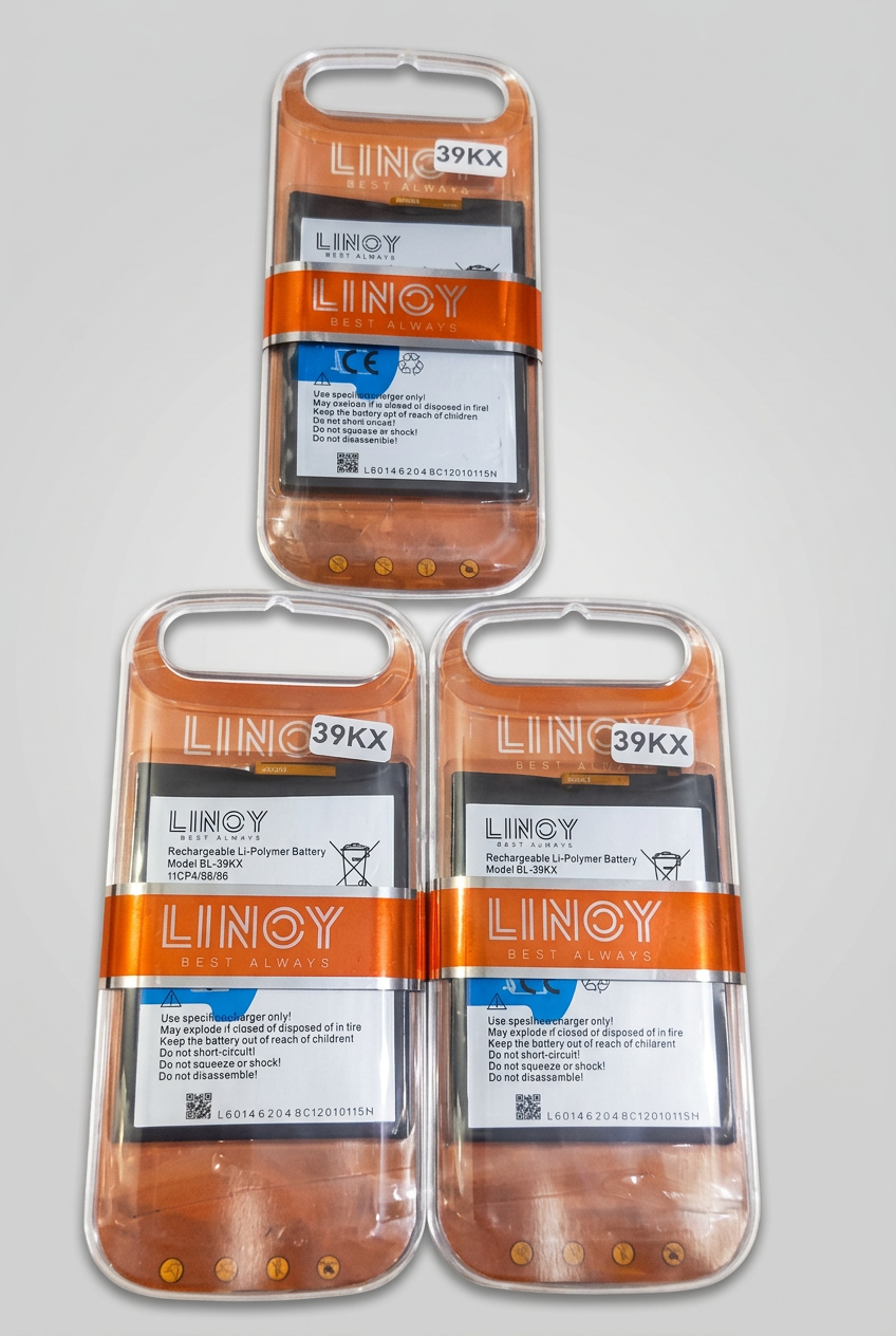 Three LINOY BL-39KX battery packs in sealed orange blister packaging