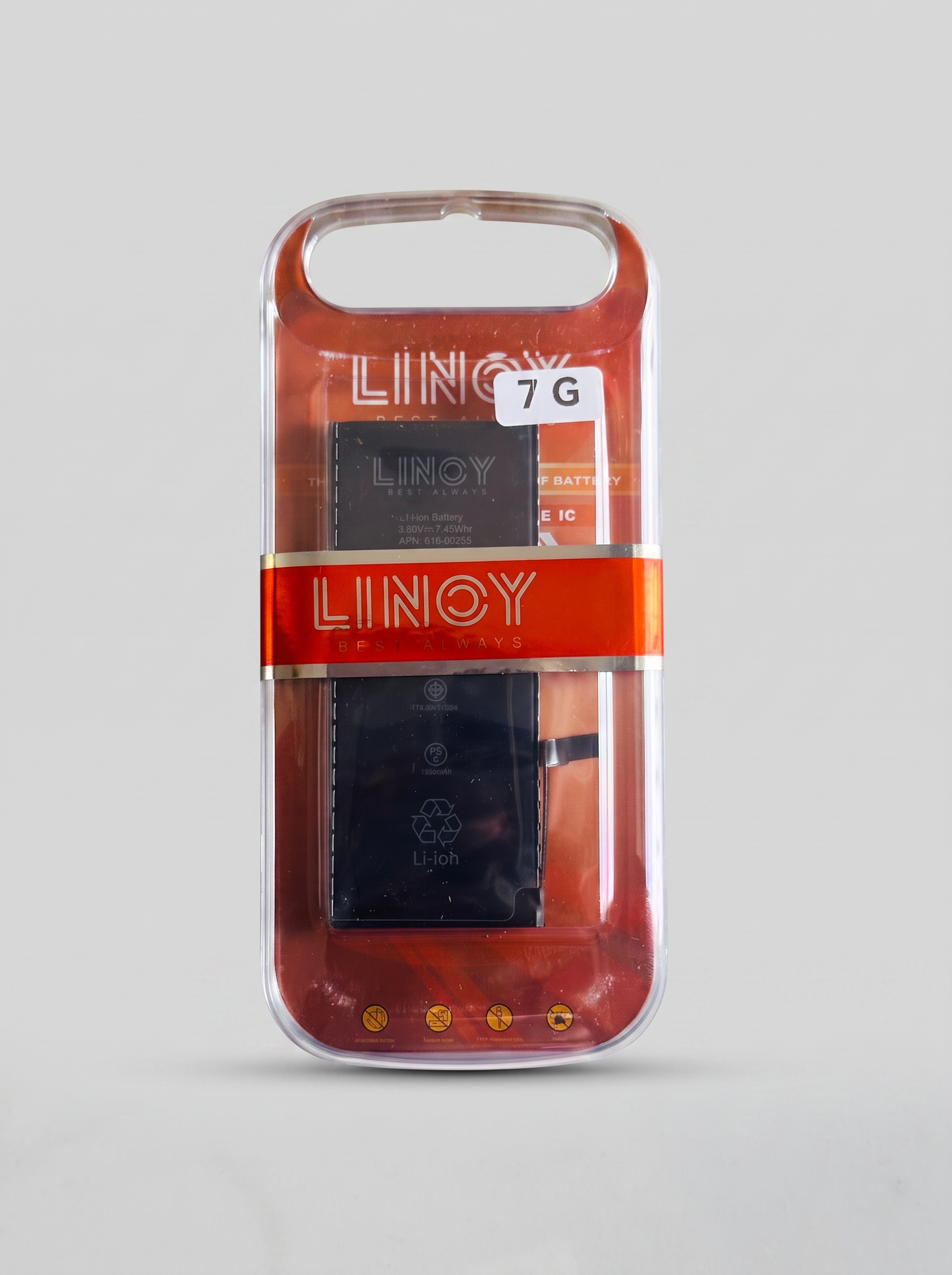 Polished LINOY 7G lithium-ion battery in orange retail packaging