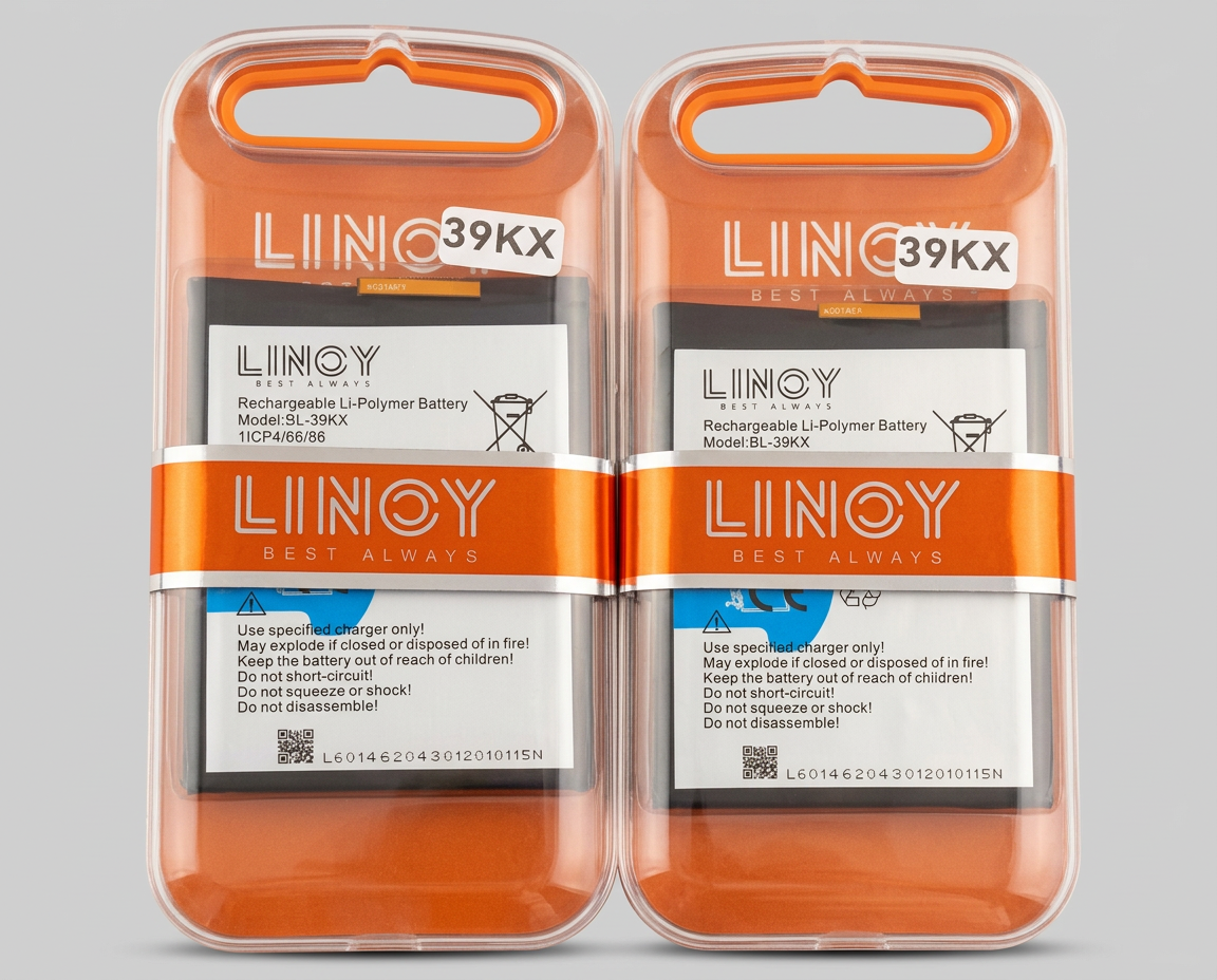 Two LINOY BL-39KX battery packs in sealed orange clamshell packaging