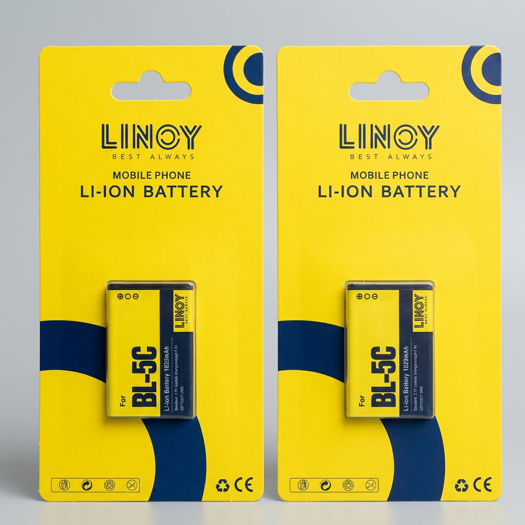 Two LINOY BL-5C batteries on yellow LINOY retail cards
