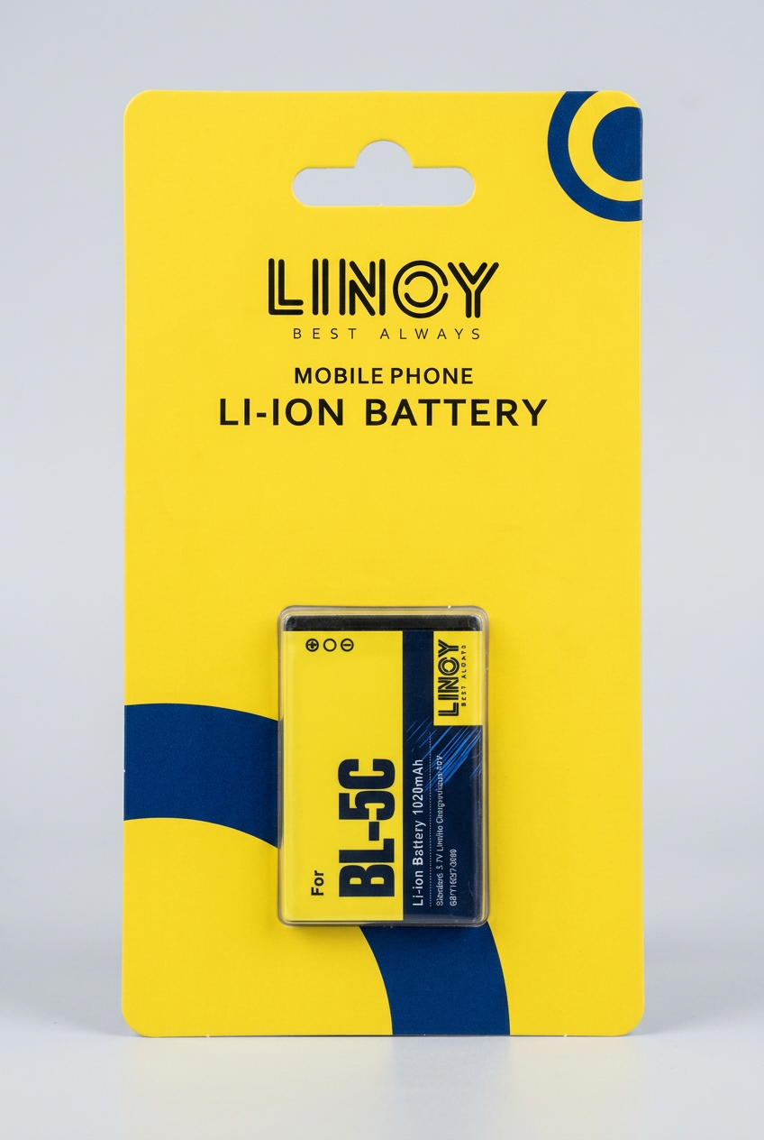 Single LINOY BL-5C battery sealed on a yellow LINOY retail card