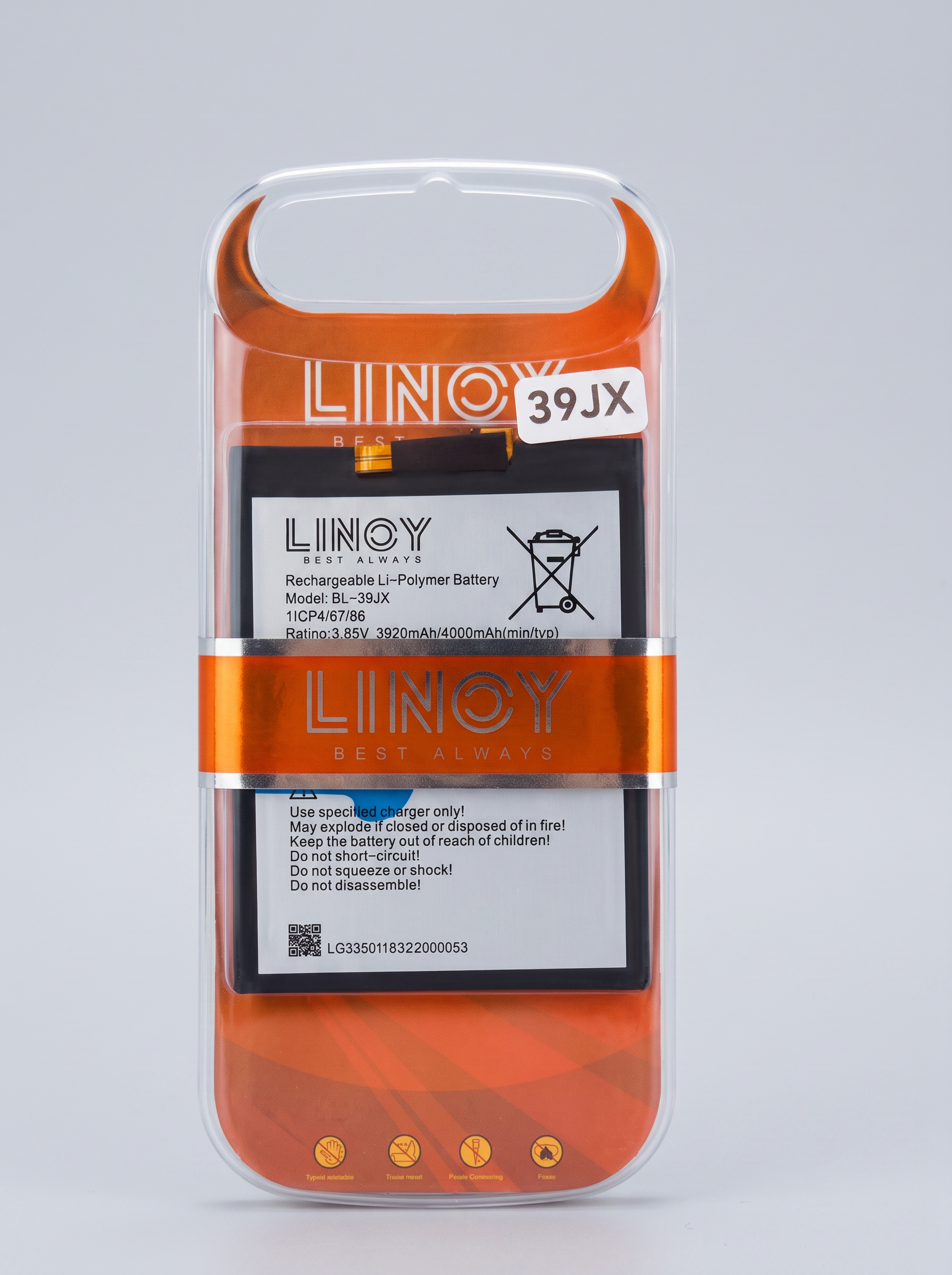 Polished LINOY BL-39JX lithium-polymer battery in orange retail packaging