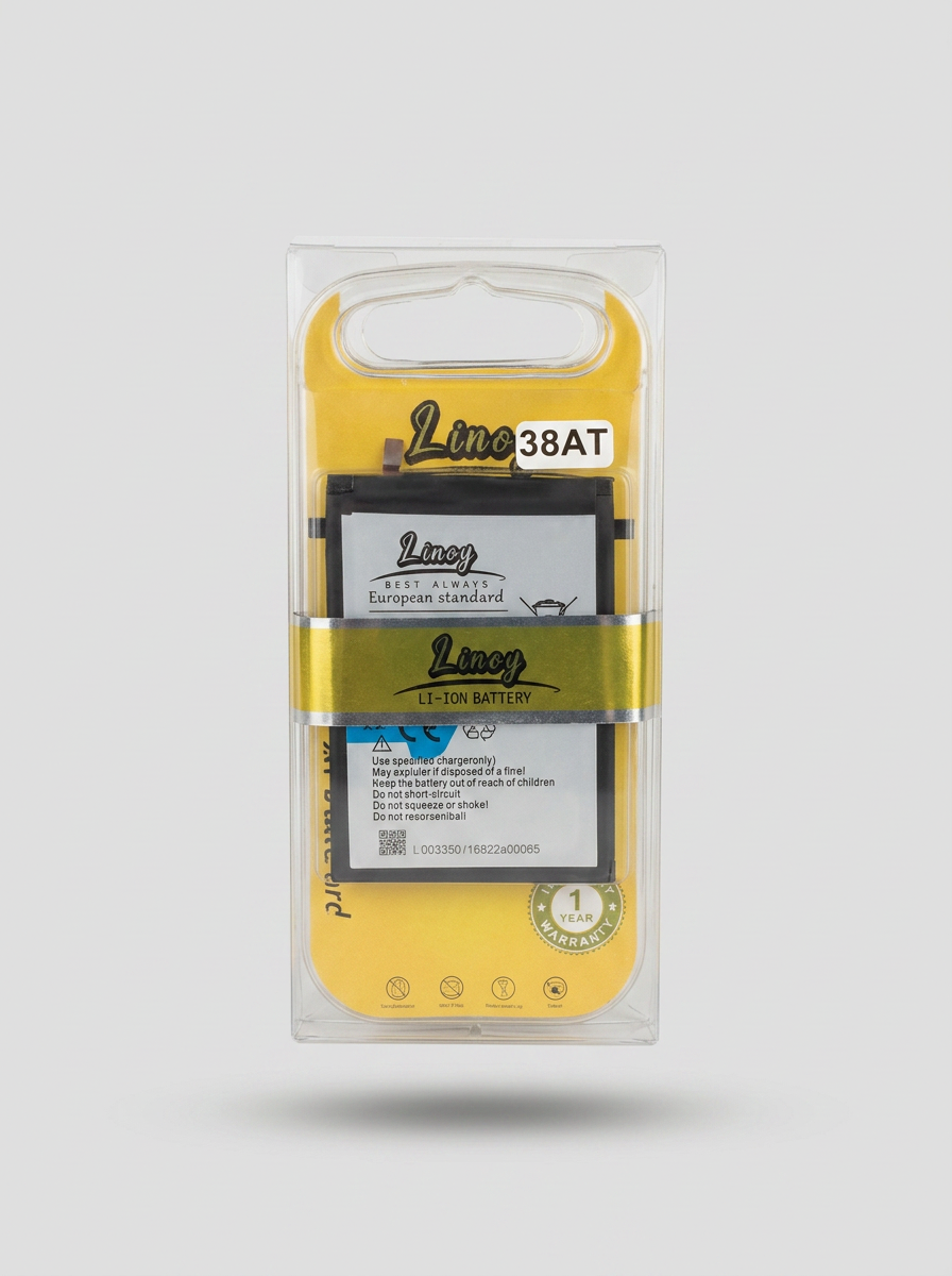 LINOY BL-38AT lithium-ion battery in a sealed yellow LINOY clamshell pack